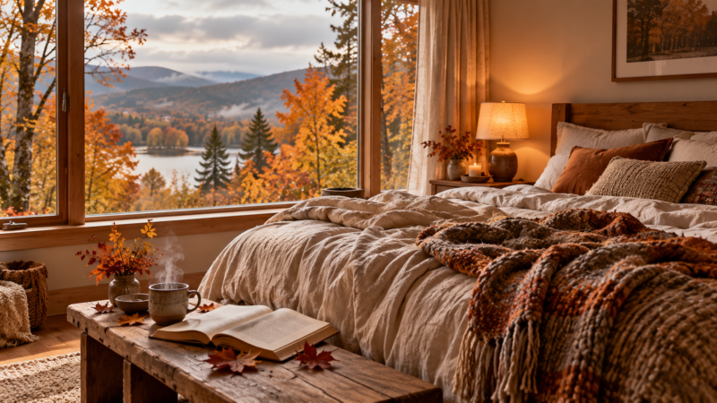 A warm, cozy bedroom with autumn decor overlooking a colorful fall forest and a lake through large windows
