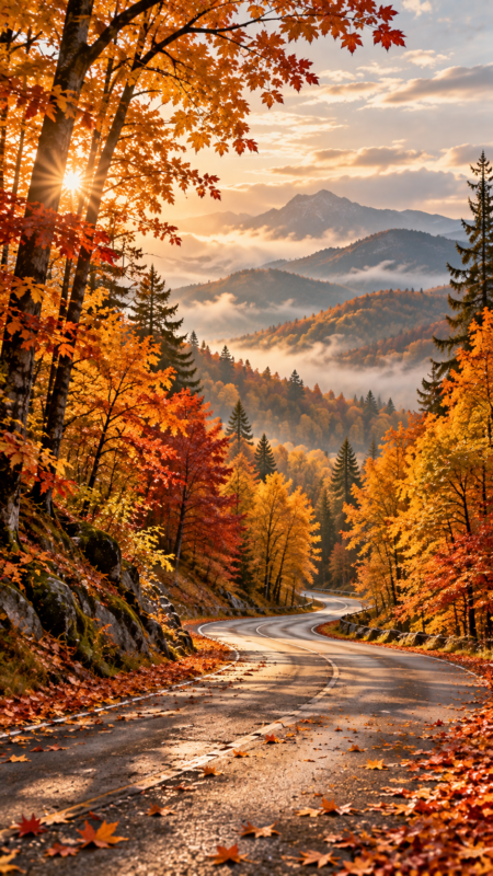 Curved mountain road wrapped in golden and red autumn foliage with sun rays peeking through the trees and misty mountains in the background