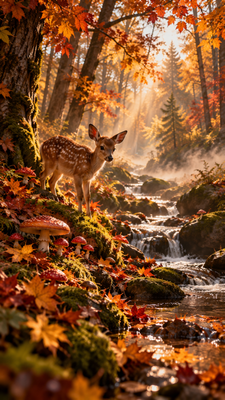 Young fawn standing by a mossy rock near a flowing stream surrounded by autumn leaves and mushrooms in a sunlit forest