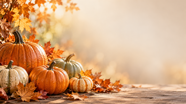 A variety of orange, green, and white pumpkins surrounded by colorful autumn leaves on a wooden surface with a warm blurred background.