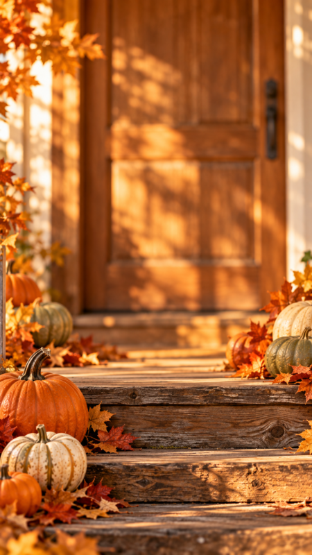 Wooden steps leading to a brown door decorated with a variety of pumpkins and scattered autumn leaves in warm sunlight