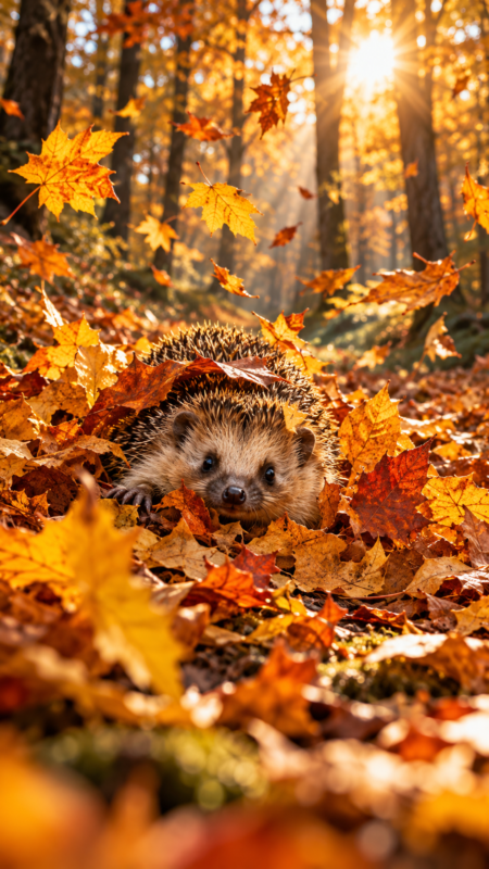 A small hedgehog nestled on the ground covered with bright orange and yellow autumn leaves with sunlight filtering through trees