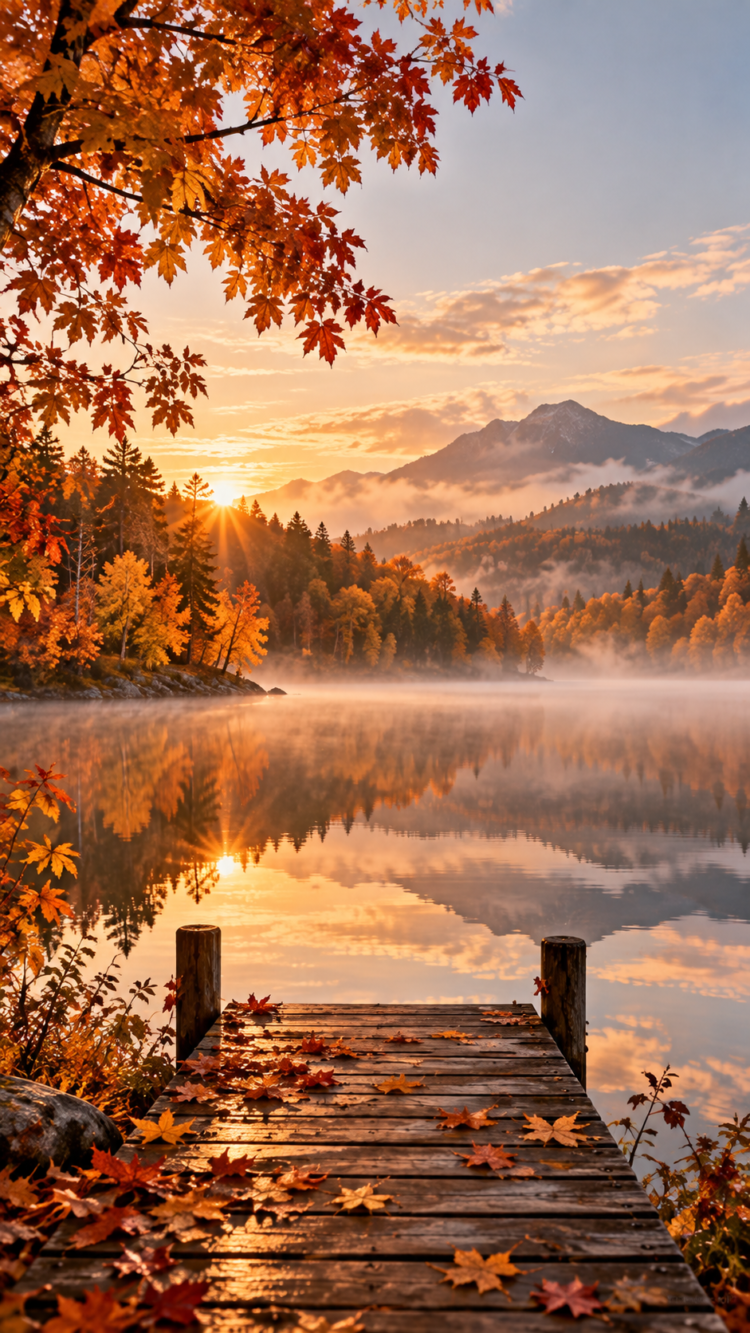 A wooden dock covered with fallen autumn leaves leads to a calm lake reflecting trees and mountains at sunrise