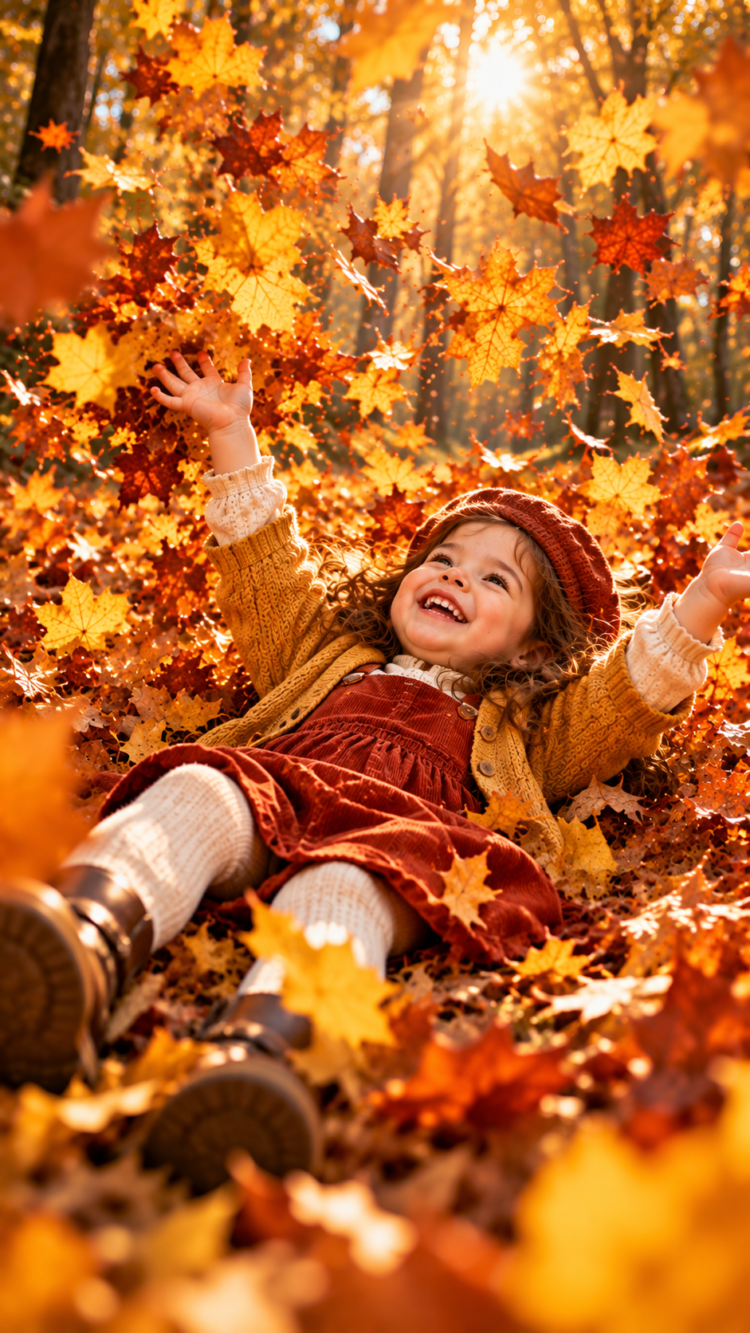 Smiling young girl lying on the ground with arms raised, surrounded by vibrant falling autumn leaves in warm sunlight