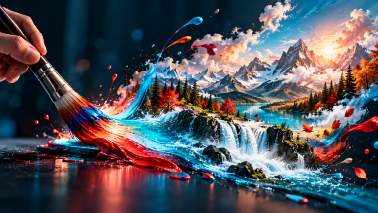 Vivid Landscape Painting Comes to Life with Waterfall and Mountains (Free AI Ima