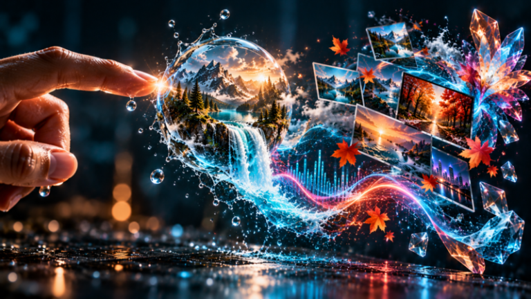 Digital Nature Escape with Flowing Waterfall and Autumn Leaves (Free AI Image)