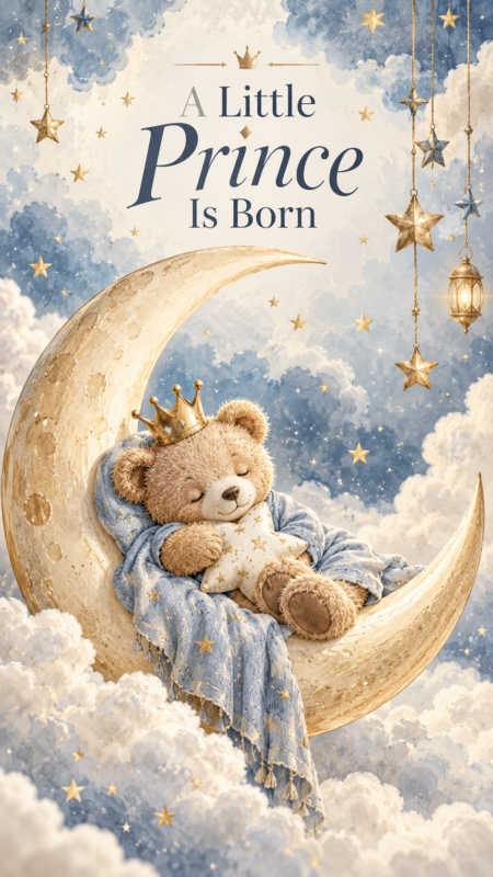 Illustration of a teddy bear sleeping on a crescent moon surrounded by clouds, stars, and hanging lanterns with text announcing a little prince birth