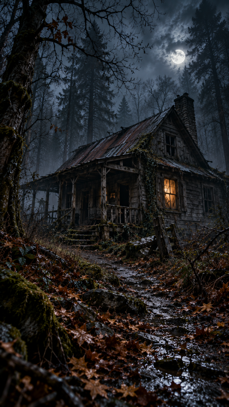 A neglected wooden cabin with a rusty roof in a dense, mist-covered forest at night under a bright full moon.