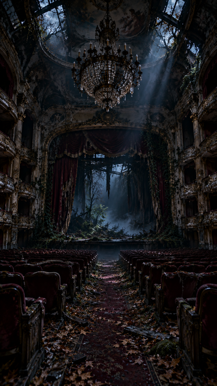 Interior of a decayed theater with broken seats, fallen leaves covering the floor, and natural light shining through vines and broken ceiling