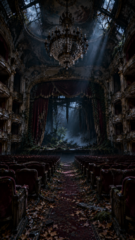 Interior of an abandoned theater overtaken by foliage with a grand chandelier and broken seating bathed in eerie light