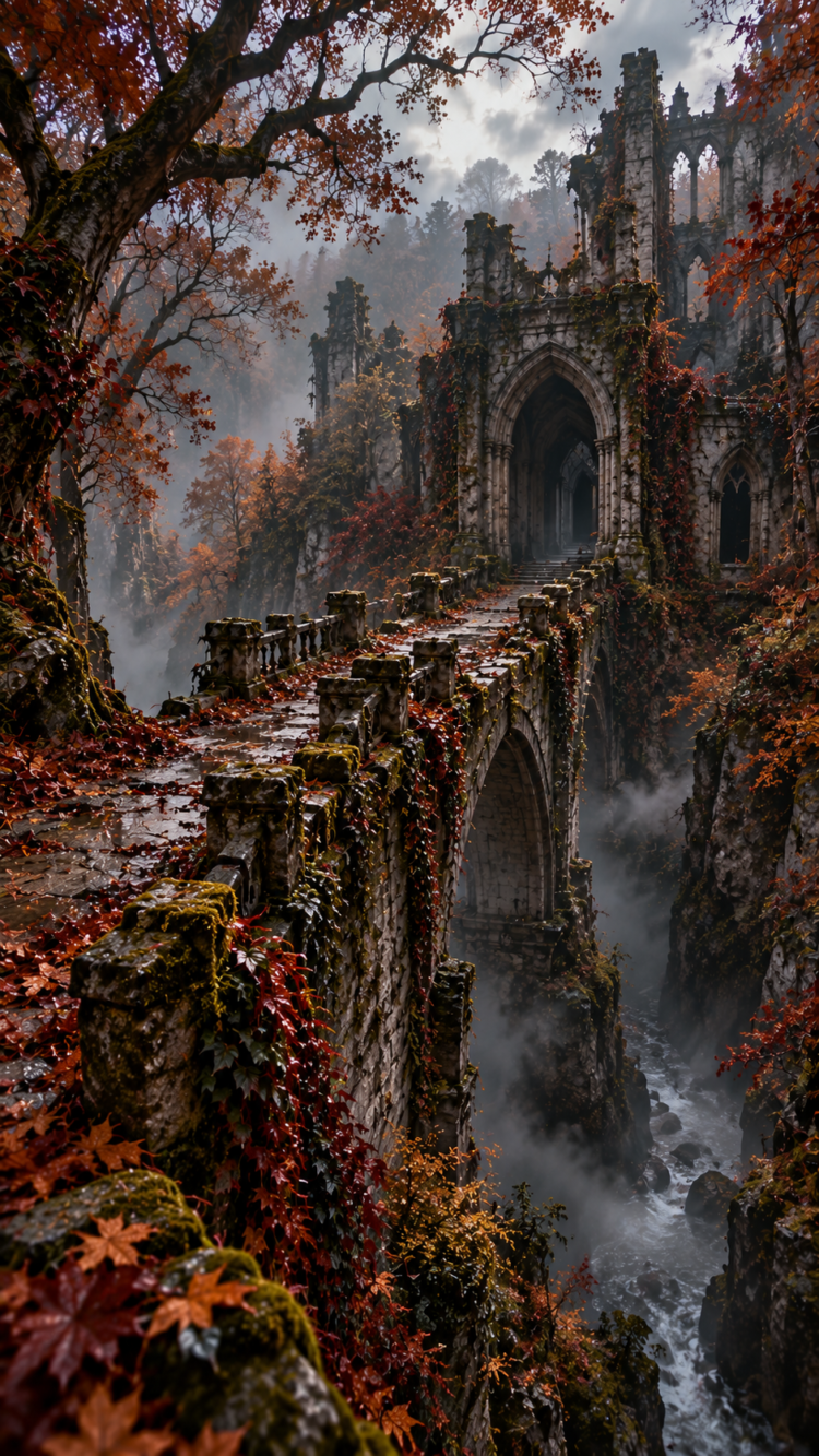 A moss-covered ancient gothic stone bridge stretches over a foggy rocky ravine surrounded by vibrant autumn trees.