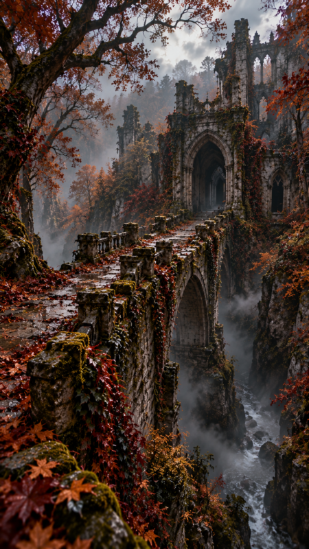 A moss-covered ancient gothic stone bridge stretches over a foggy rocky ravine surrounded by vibrant autumn trees.
