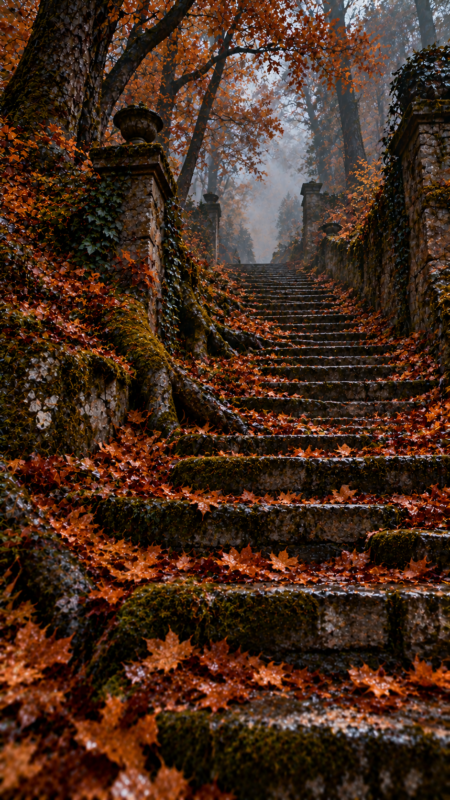 Moss-Covered Stone Steps in Autumn Forest (Free AI Image)