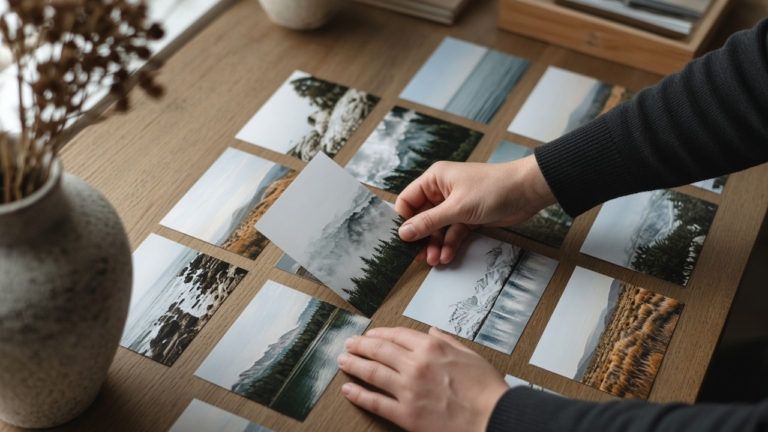 Hands organizing printed landscape photographs featuring mountains, lakes, and forests on a wooden table