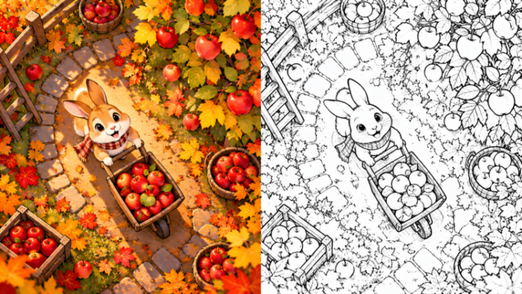Cheerful cartoon bunny pushing a wheelbarrow full of apples through a cobblestone path surrounded by autumn leaves and apple trees