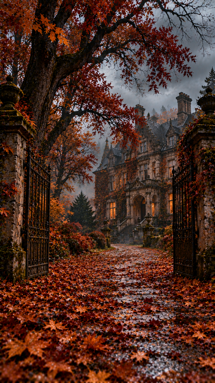 A grand stone mansion cloaked in autumn ivy at dusk, framed by iron gates and a leaf-strewn path under orange foliage