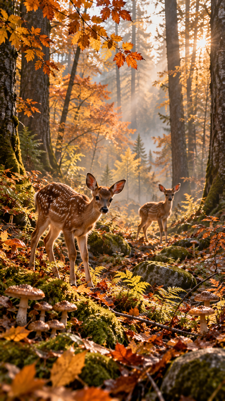 Two young deer standing on a mossy forest floor covered with orange autumn leaves and mushrooms, with sunlight filtering through tall trees.