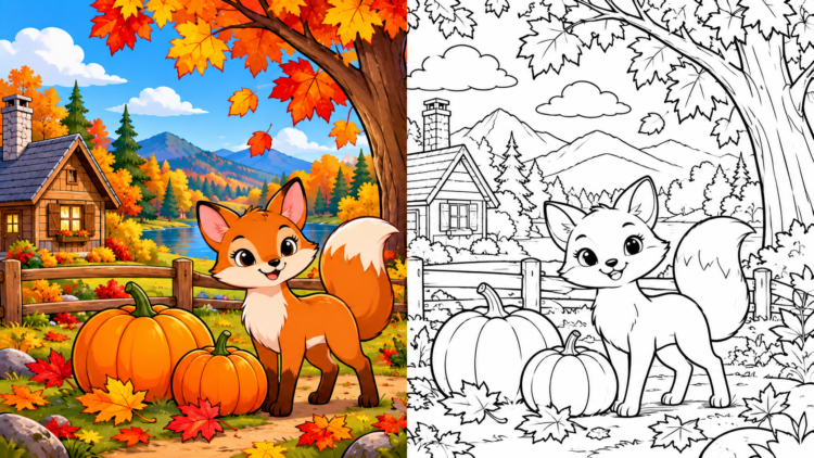 A charming cartoon fox stands nearby two pumpkins under a large tree with colorful autumn leaves, beside a cozy cabin and mountain landscape.