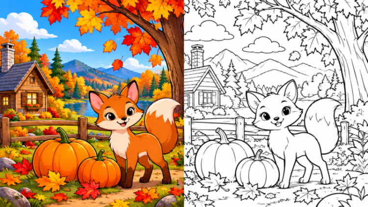 A charming cartoon fox stands nearby two pumpkins under a large tree with colorful autumn leaves, beside a cozy cabin and mountain landscape.