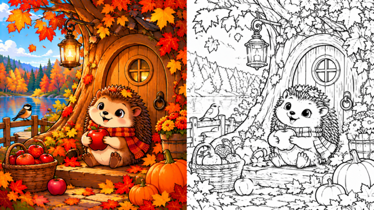Cute hedgehog in a red scarf holding a red apple sitting by a charming wooden treehouse door surrounded by vibrant autumn leaves and pumpkins