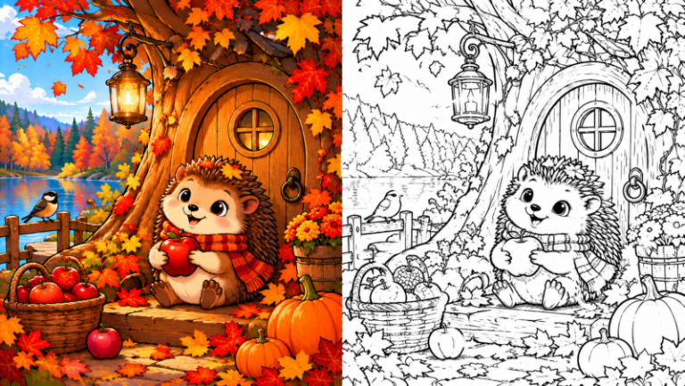 Cute hedgehog in a red scarf holding a red apple sitting by a charming wooden treehouse door surrounded by vibrant autumn leaves and pumpkins