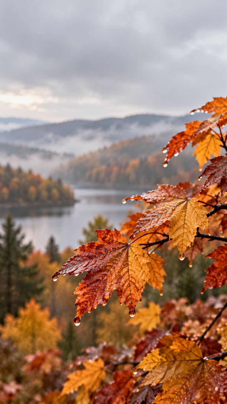 Bright orange and red autumn leaves with dewdrops in the foreground and a misty lake surrounded by forested hills in the background