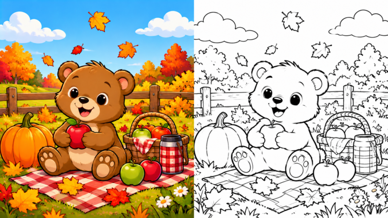 Cute bear holding a red apple during a colorful autumn picnic with pumpkins, apples, and falling leaves in the background
