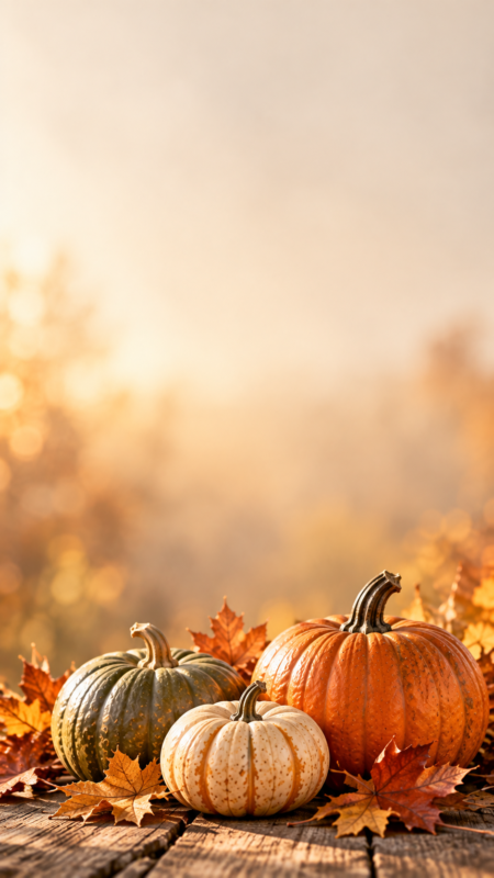 Three pumpkins in green, white, and orange surrounded by autumn leaves on a wooden surface with soft sunlight background