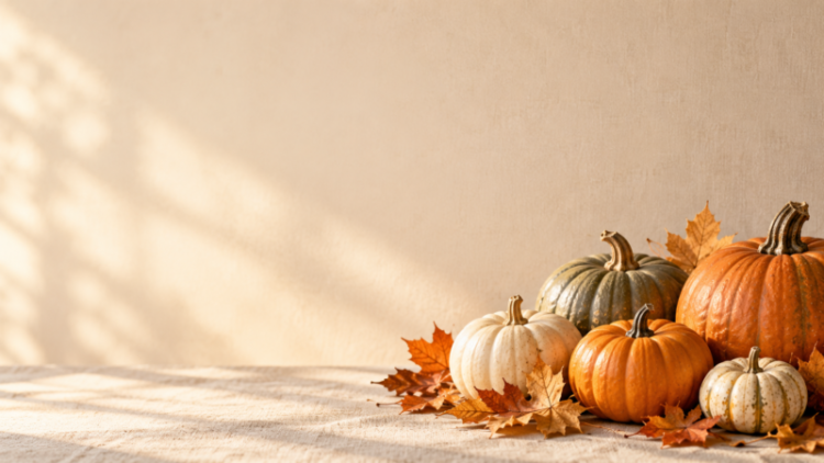 A collection of small pumpkins in orange, white, and green shades arranged with autumn leaves on a textured surface with soft natural light