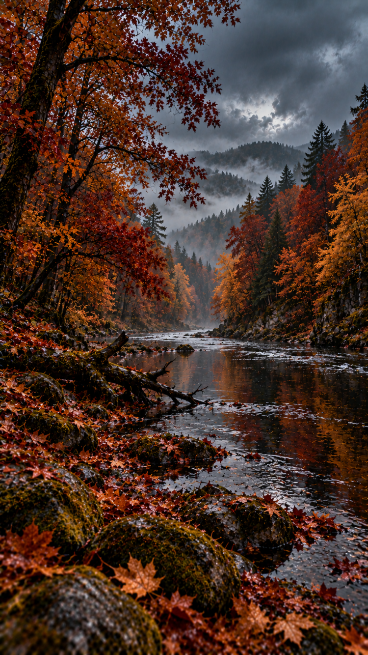 Scenic autumn landscape with a calm river reflecting fall foliage and misty pine-covered hills under a cloudy sky