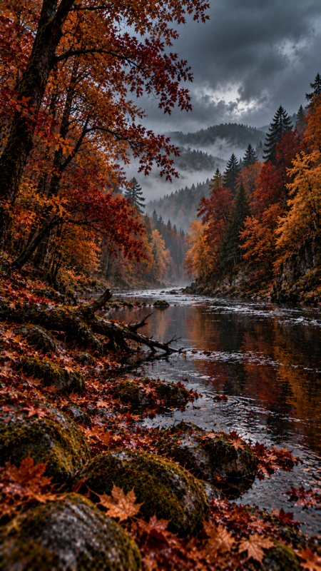 Autumn River Flowing Through Misty Forest Valley (Free AI Image)