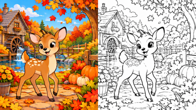 Illustration of a cheerful young deer standing on a stone path surrounded by bright autumn leaves, pumpkins, and a watermill cottage by a pond