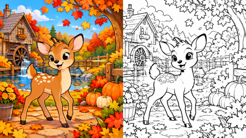 Illustration of a cheerful young deer standing on a stone path surrounded by bright autumn leaves, pumpkins, and a watermill cottage by a pond