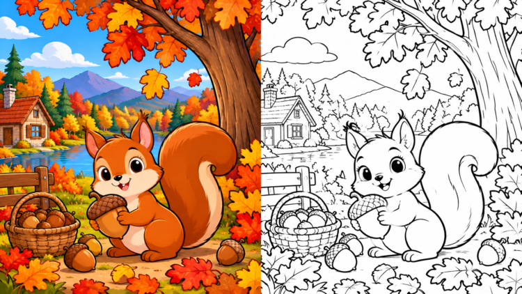 Cartoon squirrel holding a large acorn by a tree with colorful autumn leaves and a lake with a cabin in the background, next to a black and white coloring version