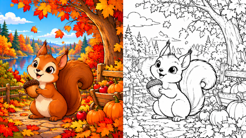 A charming squirrel holding an acorn surrounded by colorful autumn leaves, pumpkins, and a lake with forest background