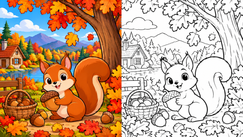 Cartoon squirrel holding a large acorn near a basket full of acorns beneath a colorful autumn tree by a lake and cozy cottage