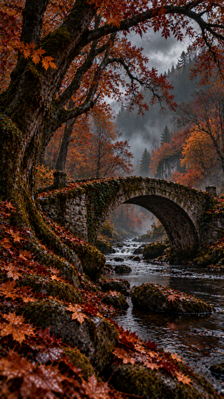 Misty Autumn Forest with Stone Arch Bridge (Free AI Image)