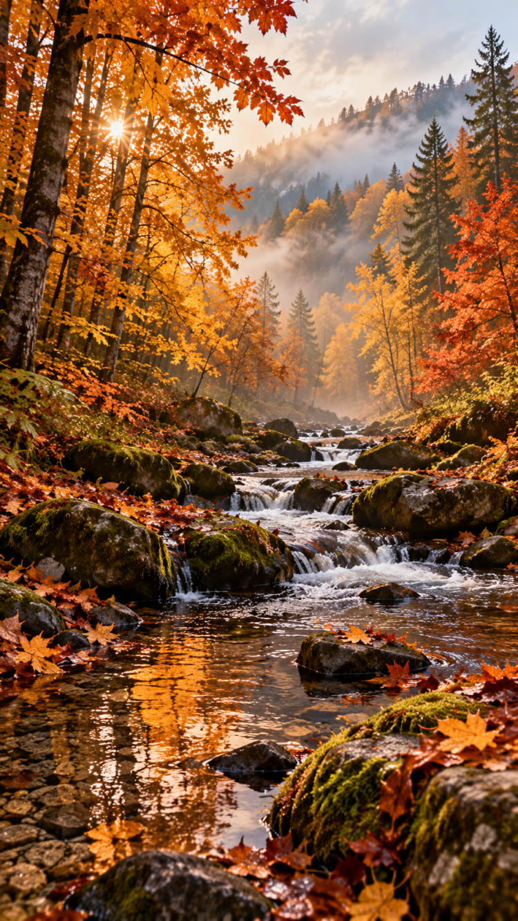 A scenic autumn forest with colorful orange and yellow leaves surrounding a flowing stream over moss-covered rocks under a bright sun