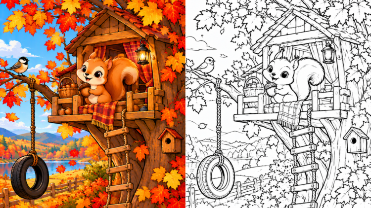 Colorful autumn treehouse perched in a big tree with a happy squirrel holding an acorn, a tire swing, and vibrant red and yellow leaves