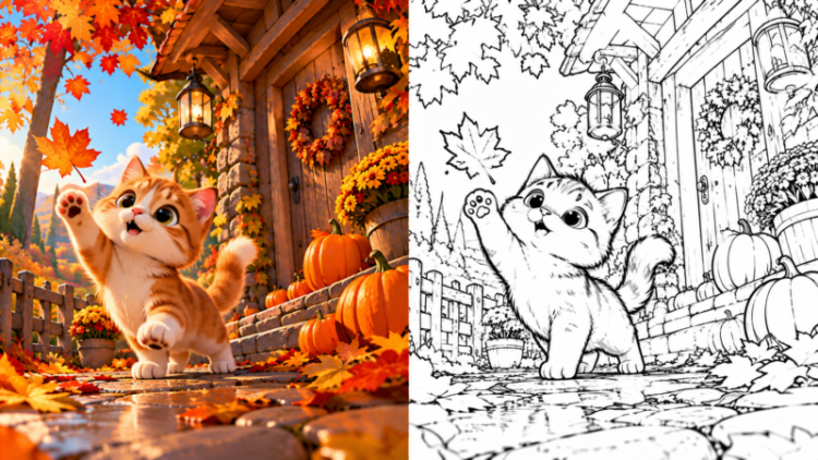 Cute kitten playing with falling autumn leaves in front of a rustic wooden house and pumpkins on a stone path