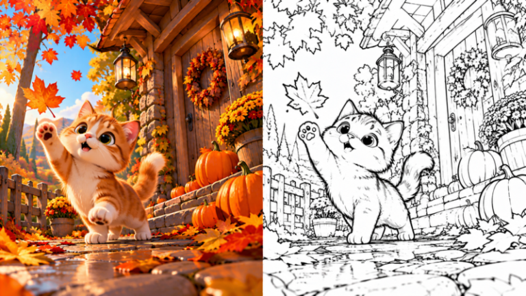 Cute kitten playing with falling autumn leaves in front of a rustic wooden house and pumpkins on a stone path