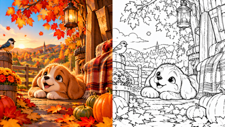 Adorable puppy resting on wooden porch surrounded by autumn leaves, pumpkins, and a bird in a countryside village at sunset
