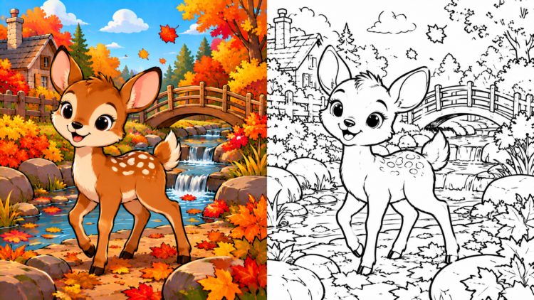 A cheerful cartoon fawn standing beside a rocky autumn stream with an arched wooden bridge and colorful fall foliage