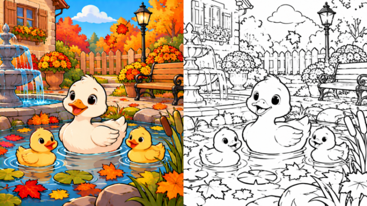 Cute mother duck with two ducklings swimming in a colorful autumn garden pond near a bench and fountain