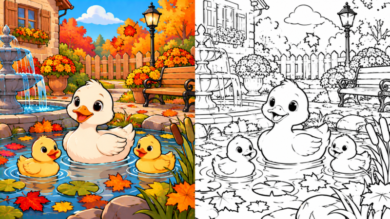 Cute mother duck with two ducklings swimming in a colorful autumn garden pond near a bench and fountain