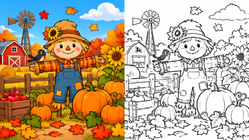 Illustration of a cheerful scarecrow with sunflower hat in a vibrant autumn farm setting with pumpkins, apples, and windmill, paired with a black-and-white coloring page version