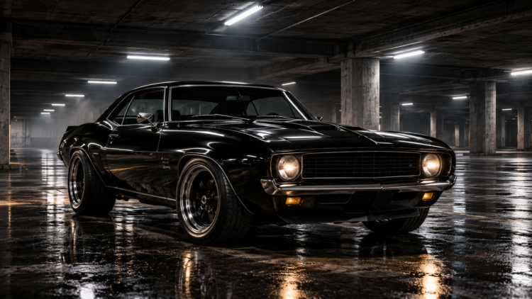 A sleek black vintage muscle car with illuminated headlights parked in a dimly lit concrete parking garage with wet reflective floor