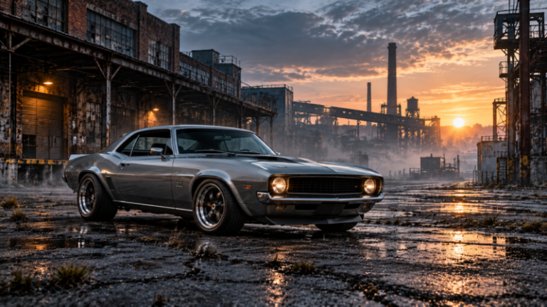 Grey classic muscle car parked on cracked concrete floor in front of abandoned industrial building at sunset with warm light