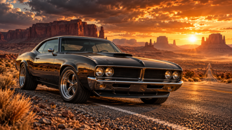 Black vintage muscle car parked on desert road with stunning orange sunset and rock formations in background