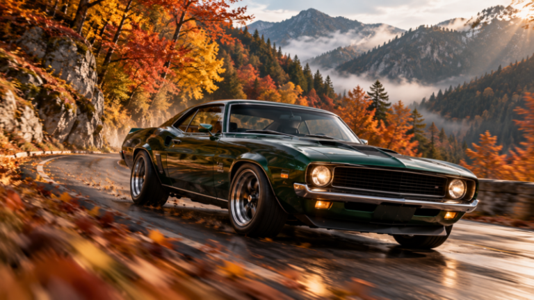 Dark green classic muscle car speeding on a winding wet road surrounded by vibrant fall foliage and misty mountain landscape
